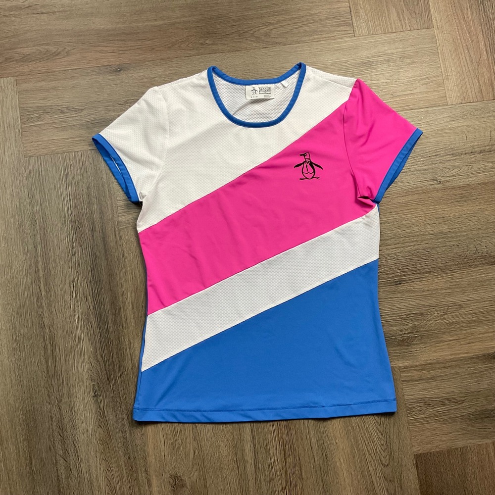 Original‎ Penguin Colorblock Mesh Athletic Tennis Golf Top Women Small Pink Blue